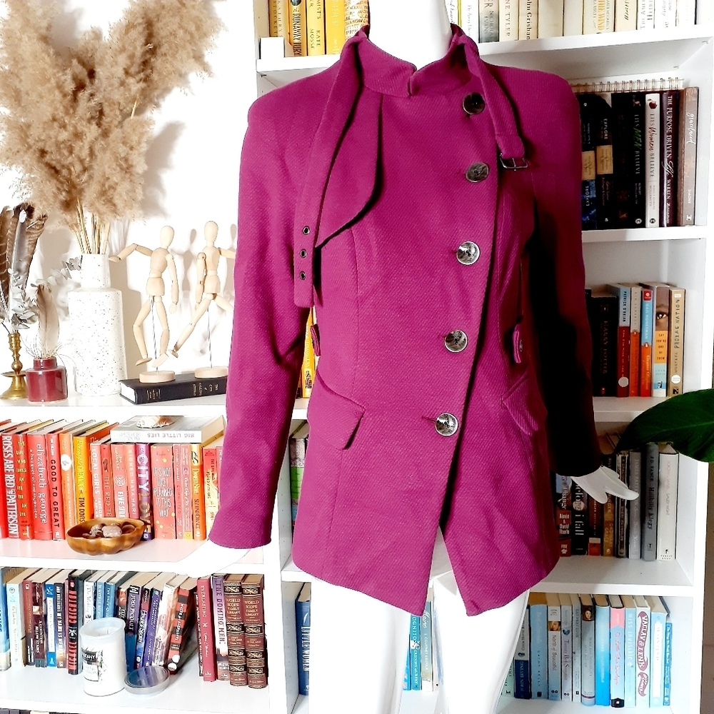 Women's Magenta Pea Coat with Decorative Neck Tie